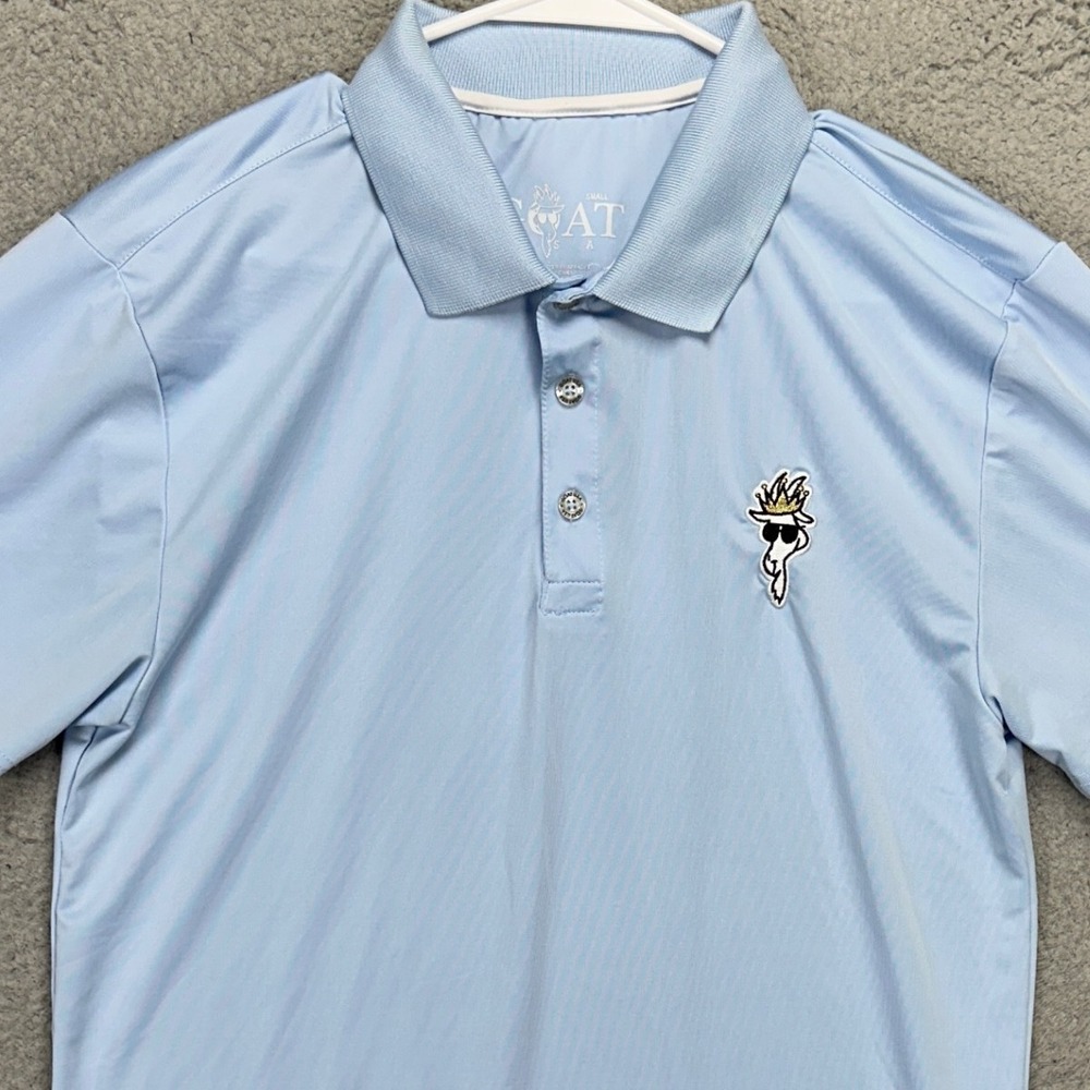 Goat Mens Polo Shirt Small Light Blue Short Sleeve Rugby Stretch Logo Casual
